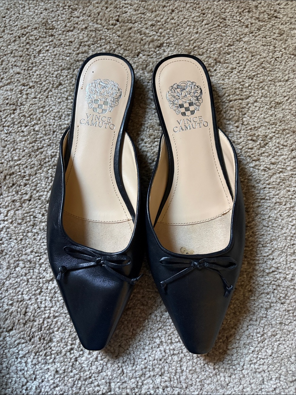 Vince Camuto Black Pointed Toe Mule Flats with Bow